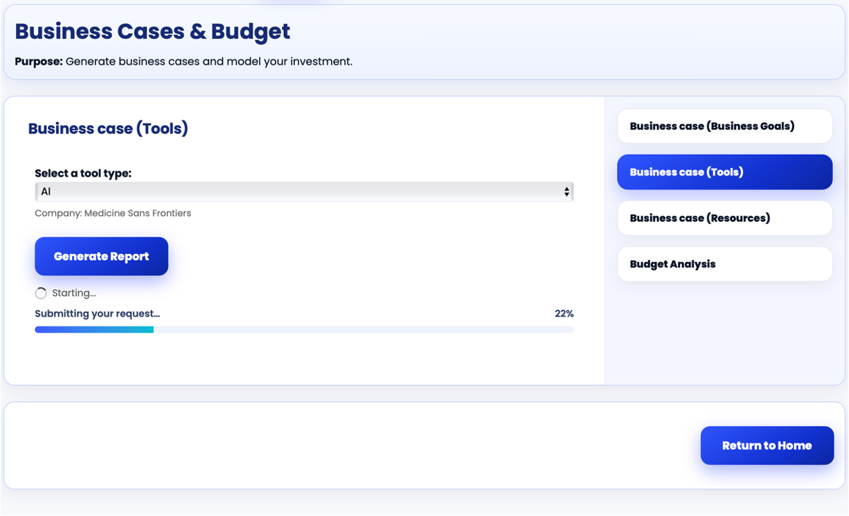 Business Case Generation platform view showing real-time data and controls